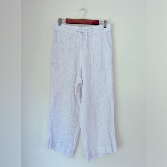 Sigrid Olsen linen wide leg pants white textured crinkle large cropped ankle - Picture 2 of 5